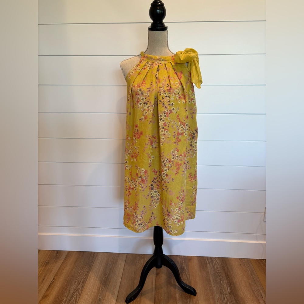 Bellambra Boho Italian Linen Bow Halter Mustard Yellow Midi Floral Dress Med